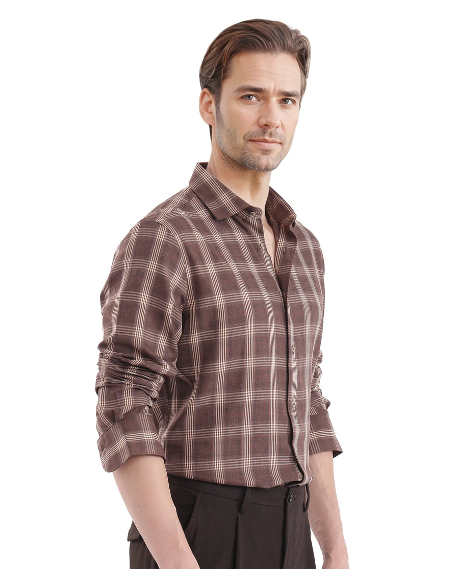 Rare Rabbit Men's Polaz Brown Cotton Checked Print Regular Fit Full Sleeve Collared Shirt
