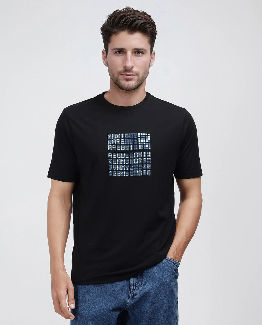 Rare Rabbit Men's Pol Black Cotton Blend Graphic Print Regular Fit Half Sleeve Crew Neck T-Shirt