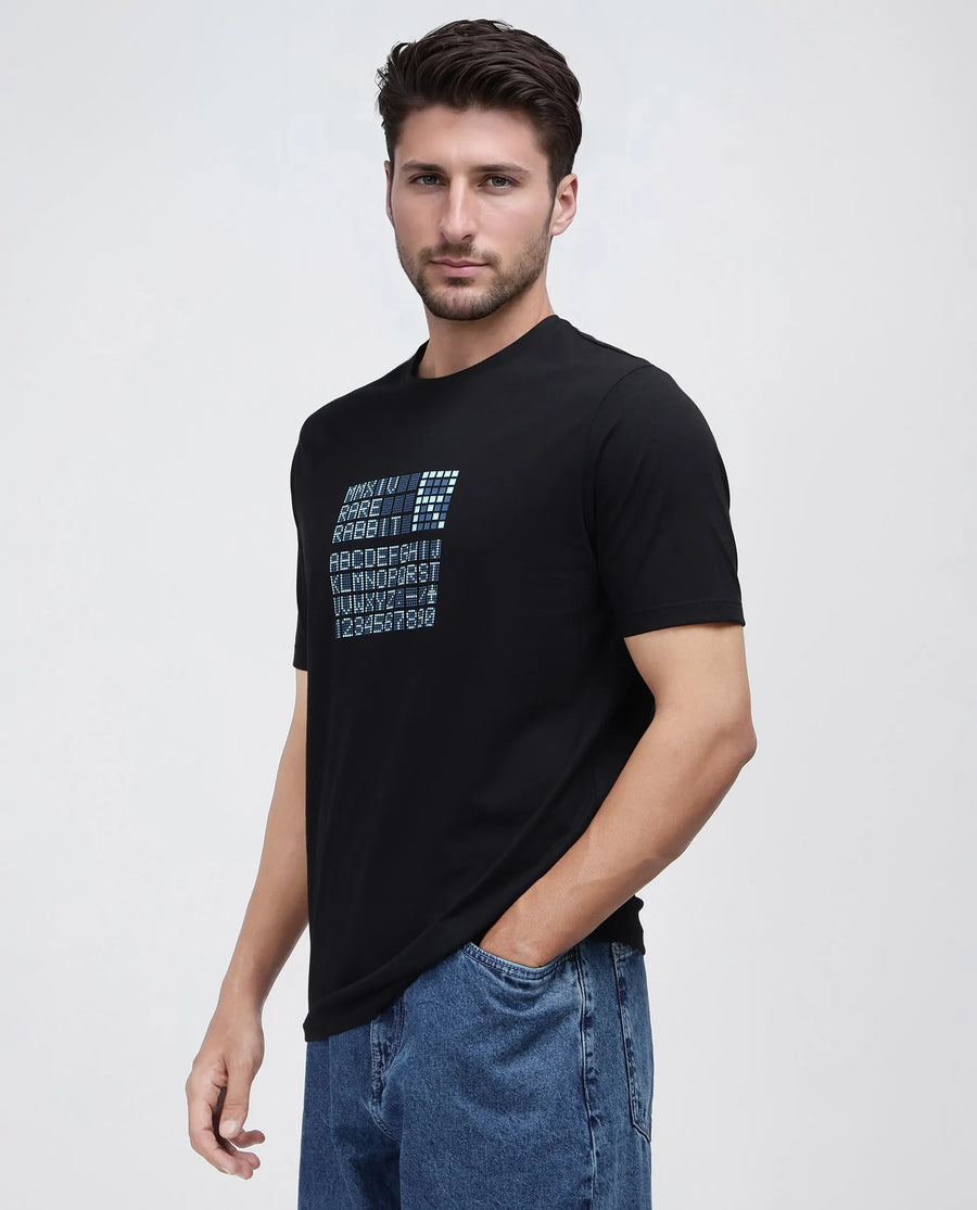 Rare Rabbit Men's Pol Black Cotton Blend Graphic Print Regular Fit Half Sleeve Crew Neck T-Shirt