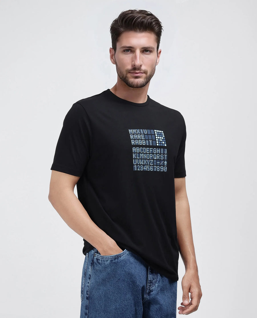 Rare Rabbit Men's Pol Black Cotton Blend Graphic Print Regular Fit Half Sleeve Crew Neck T-Shirt