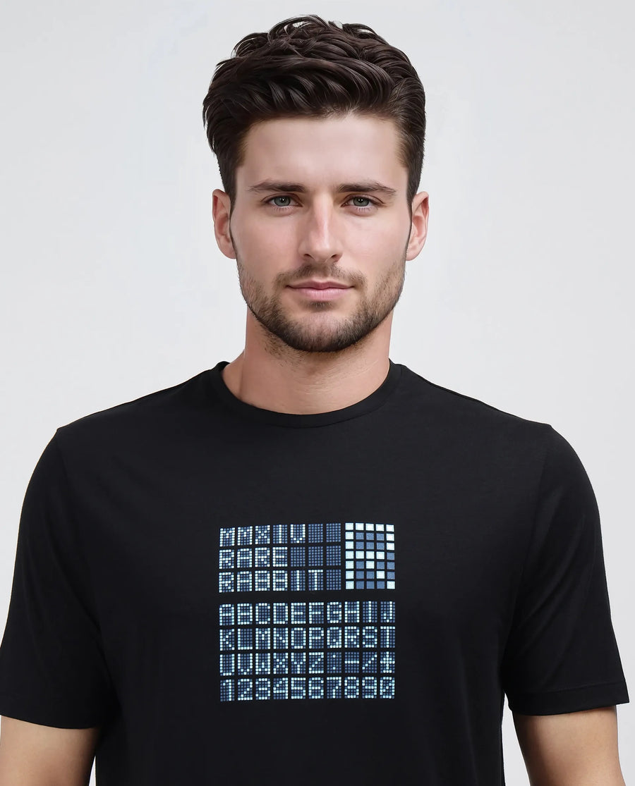 Rare Rabbit Men's Pol Black Cotton Blend Graphic Print Regular Fit Half Sleeve Crew Neck T-Shirt