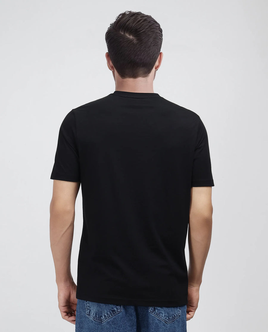 Rare Rabbit Men's Pol Black Cotton Blend Graphic Print Regular Fit Half Sleeve Crew Neck T-Shirt