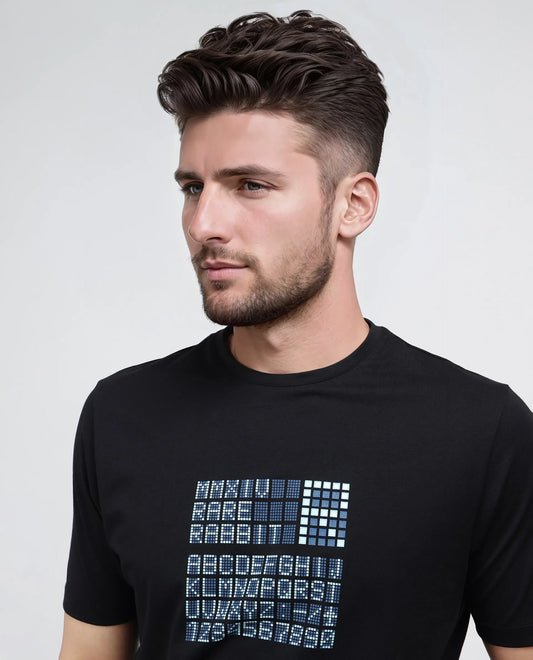 Rare Rabbit Men's Pol Black Cotton Blend Graphic Print Regular Fit Half Sleeve Crew Neck T-Shirt