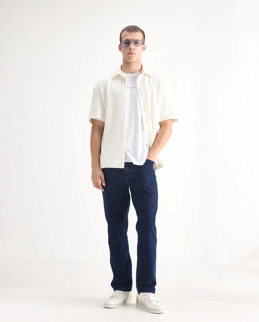 Rare Rabbit Men's Polin Navy Cotton Plain Morris Regular Fit Jeans