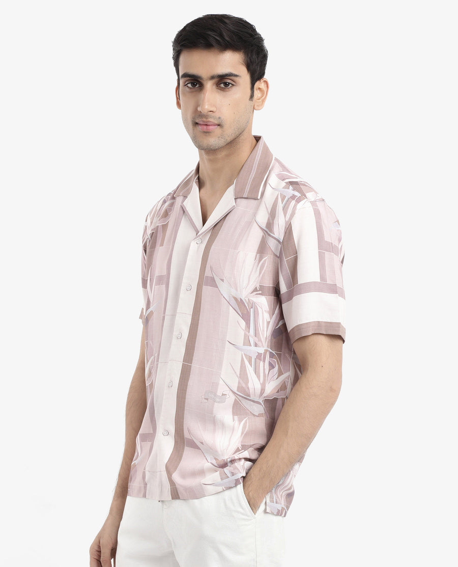 Rare Rabbit Men's Polis Beige Cotton Floral Print Boxy Fit Half Sleeve Collared Shirt