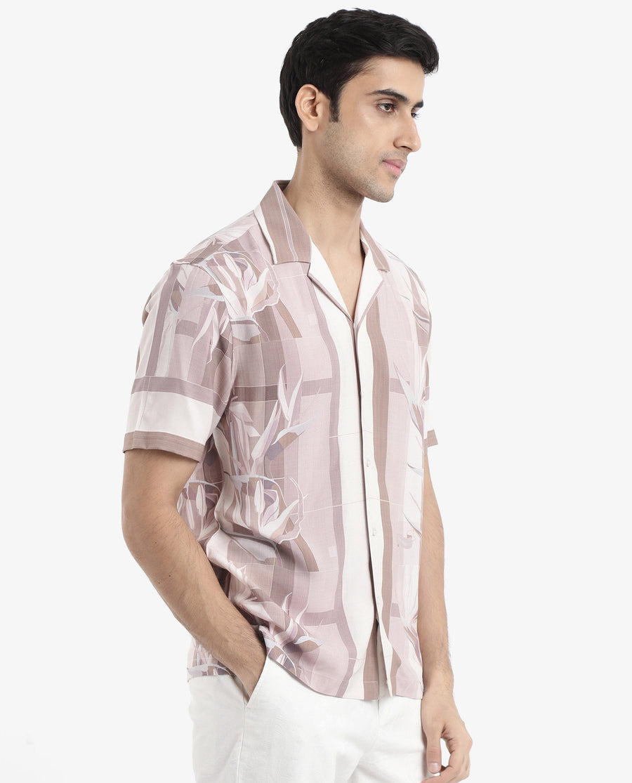 Rare Rabbit Men's Polis Beige Cotton Floral Print Boxy Fit Half Sleeve Collared Shirt