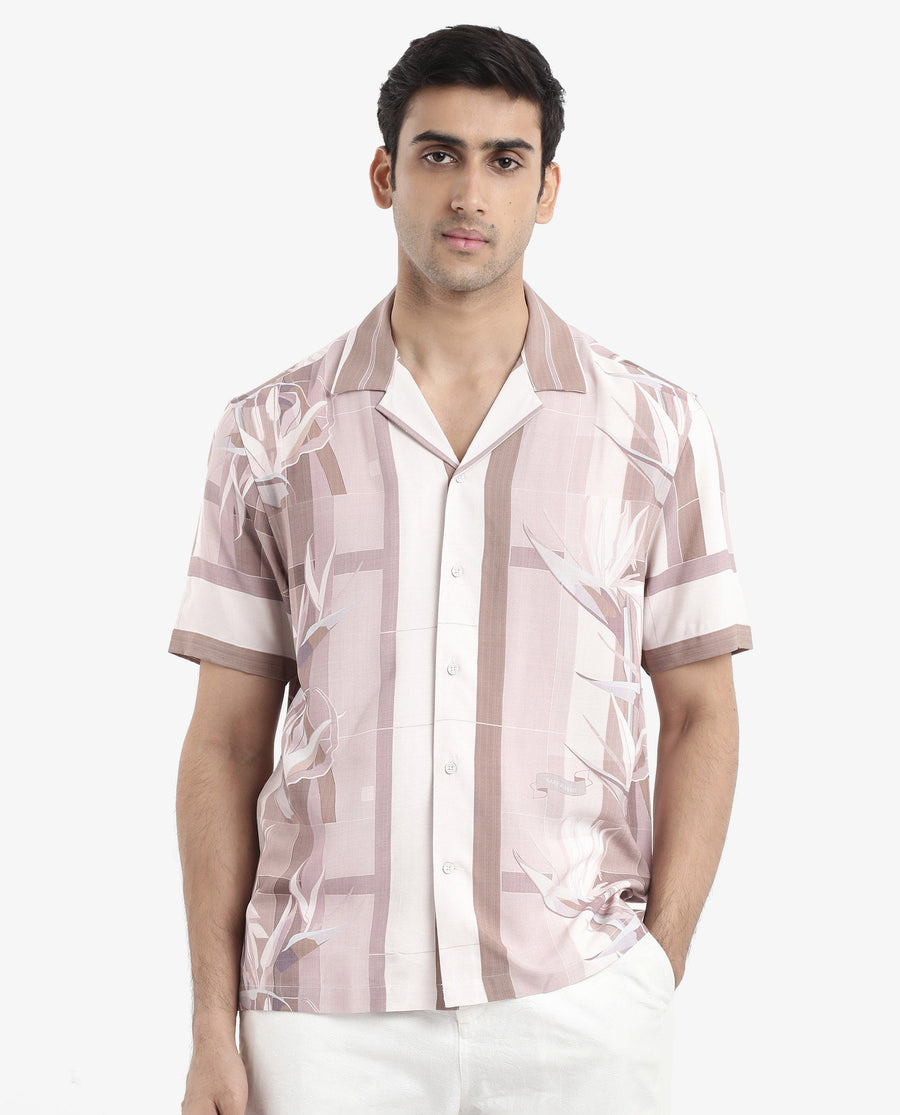 Rare Rabbit Men's Polis Beige Cotton Floral Print Boxy Fit Half Sleeve Collared Shirt