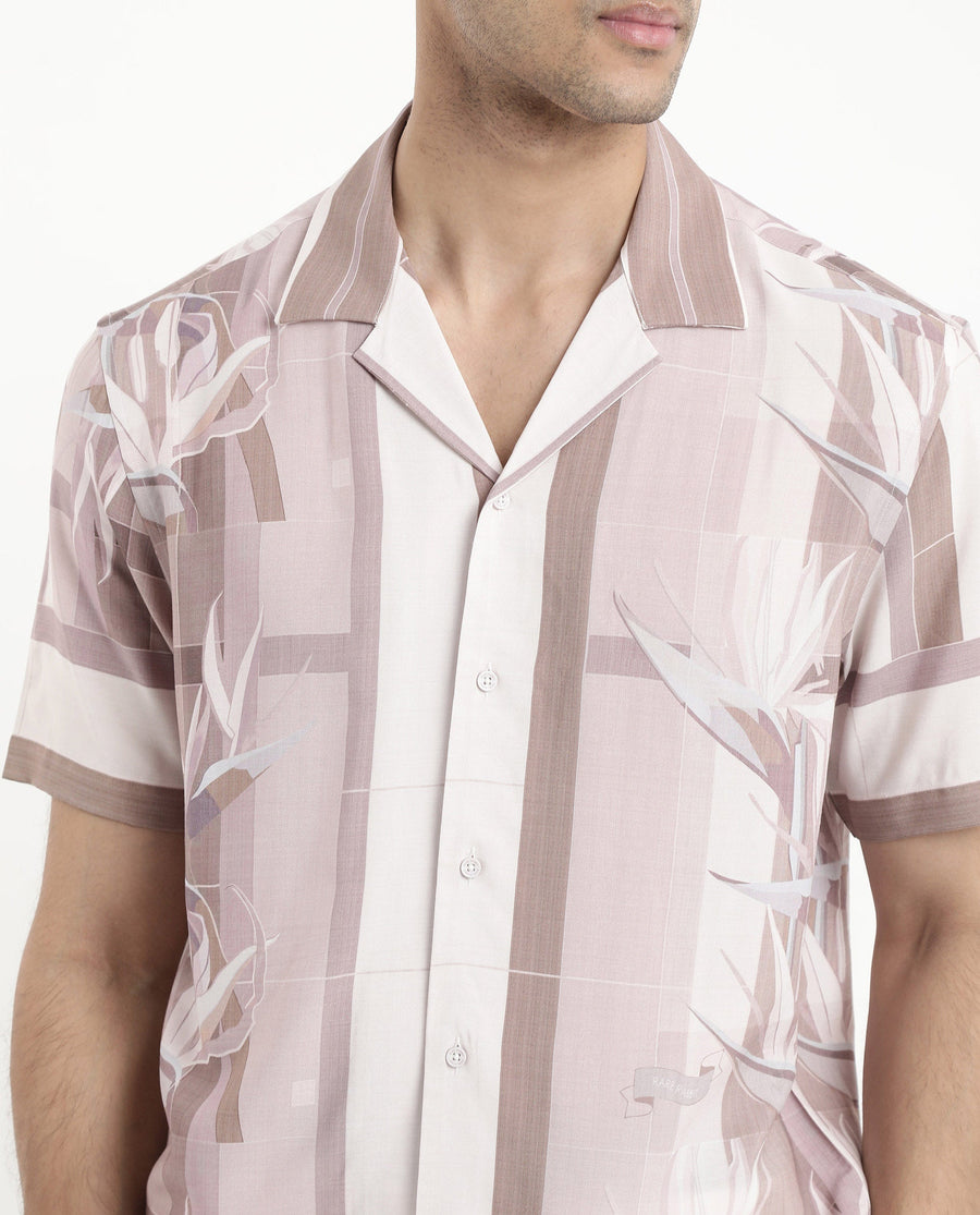 Rare Rabbit Men's Polis Beige Cotton Floral Print Boxy Fit Half Sleeve Collared Shirt