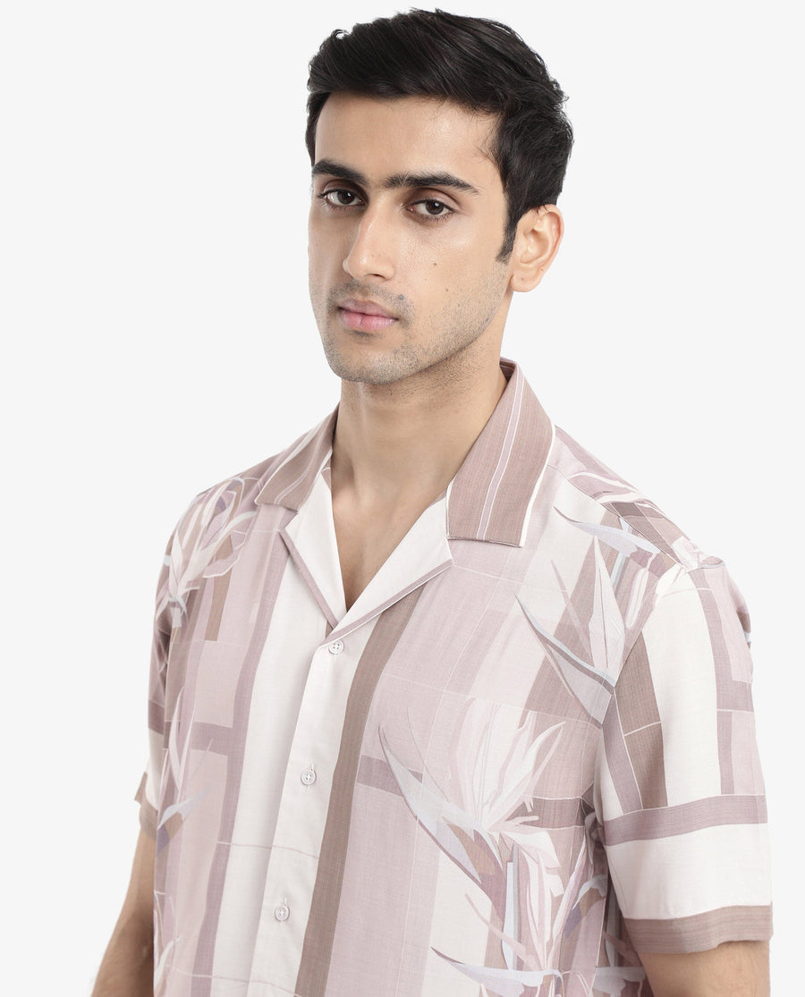 Rare Rabbit Men's Polis Beige Cotton Floral Print Boxy Fit Half Sleeve Collared Shirt