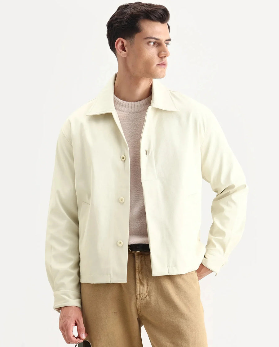 Rare Rabbit Men's Pomer Off White Polyester Fabric Collared Neck Relaxed Plain Jacket
