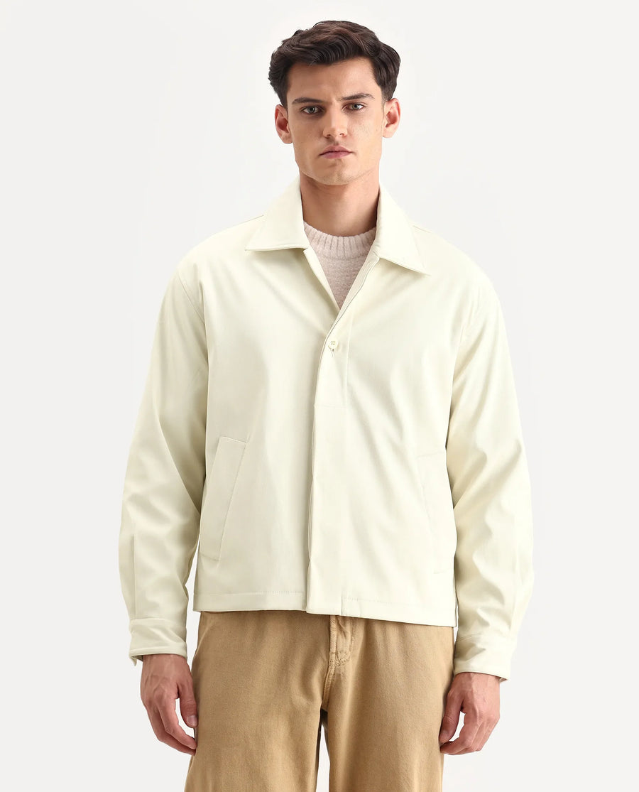 Rare Rabbit Men's Pomer Off White Polyester Fabric Collared Neck Relaxed Plain Jacket