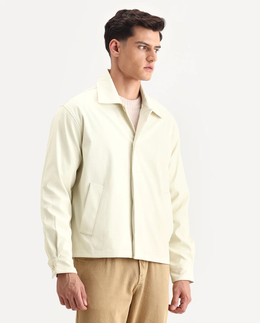 Rare Rabbit Men's Pomer Off White Polyester Fabric Collared Neck Relaxed Plain Jacket