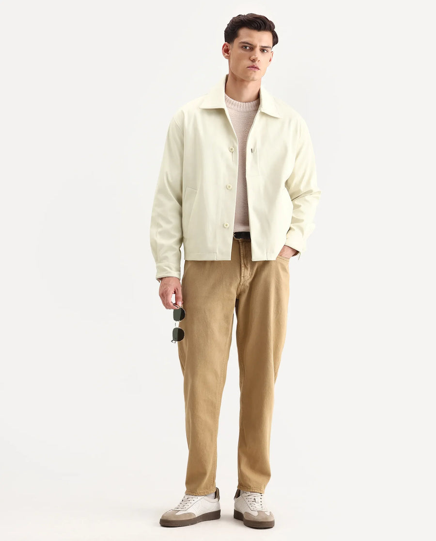 Rare Rabbit Men's Pomer Off White Polyester Fabric Collared Neck Relaxed Plain Jacket
