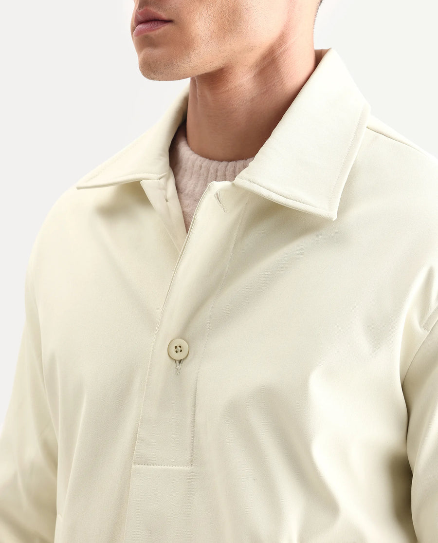Rare Rabbit Men's Pomer Off White Polyester Fabric Collared Neck Relaxed Plain Jacket