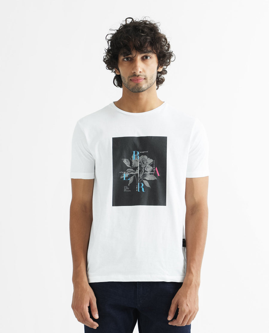Rare Rabbit Men's Ponk White Cotton Graphic Print Slim Fit Half Sleeve Crew Neck T-Shirt