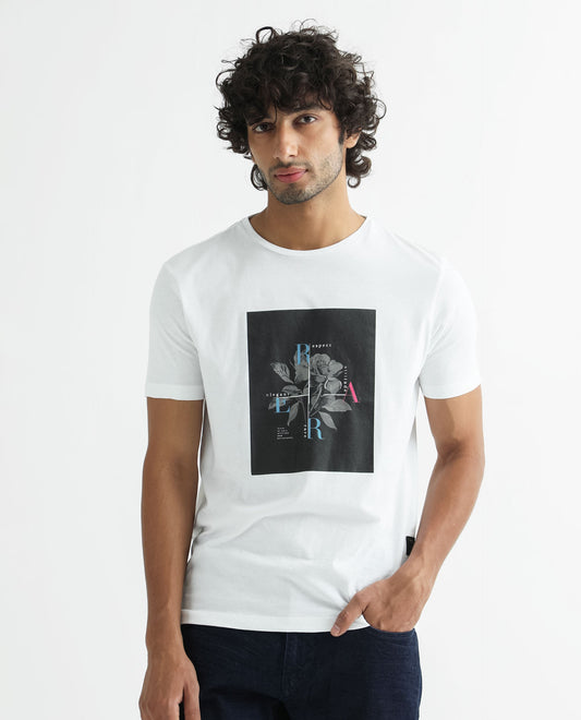 Rare Rabbit Men's Ponk White Cotton Graphic Print Slim Fit Half Sleeve Crew Neck T-Shirt