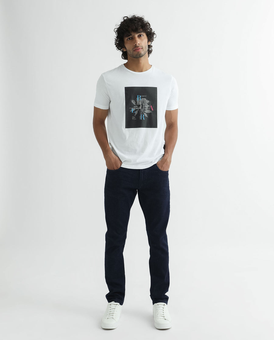 Rare Rabbit Men's Ponk White Cotton Graphic Print Slim Fit Half Sleeve Crew Neck T-Shirt