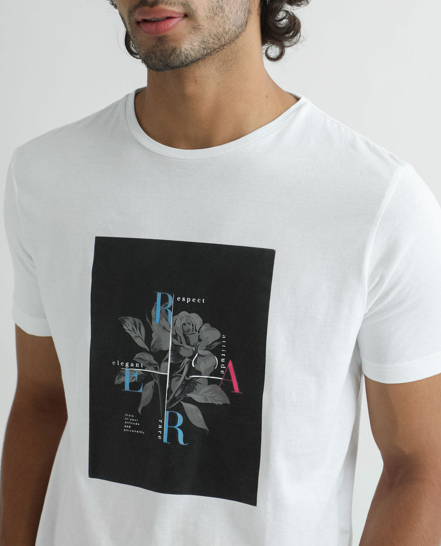 Rare Rabbit Men's Ponk White Cotton Graphic Print Slim Fit Half Sleeve Crew Neck T-Shirt