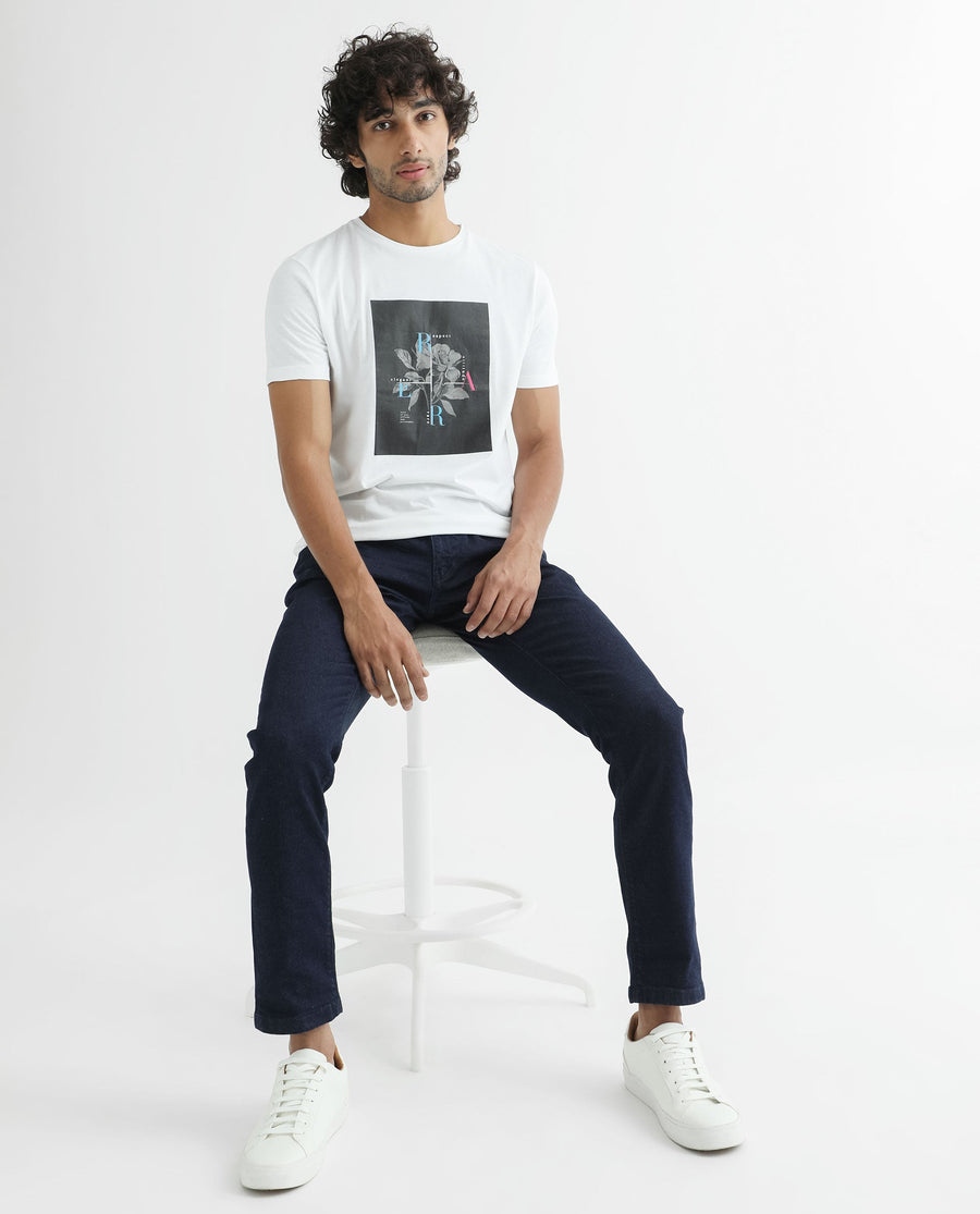 Rare Rabbit Men's Ponk White Cotton Graphic Print Slim Fit Half Sleeve Crew Neck T-Shirt