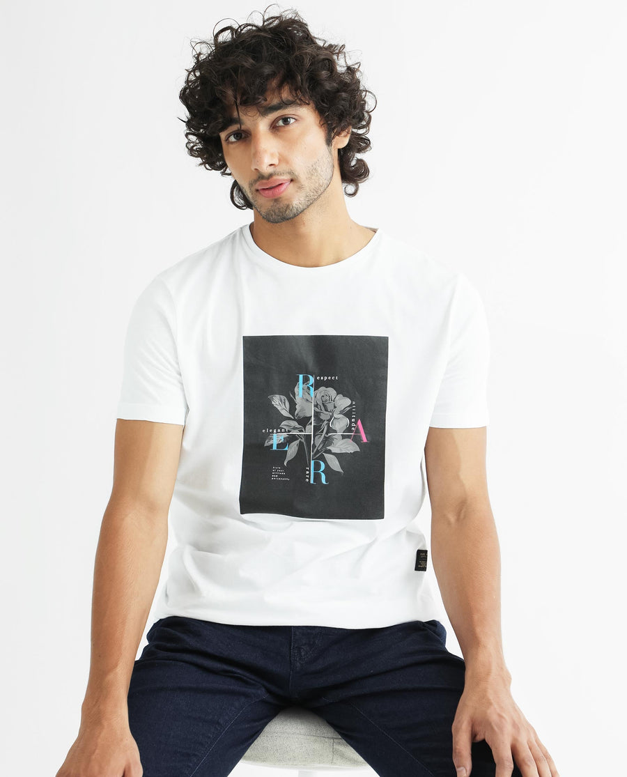 Rare Rabbit Men's Ponk White Cotton Graphic Print Slim Fit Half Sleeve Crew Neck T-Shirt