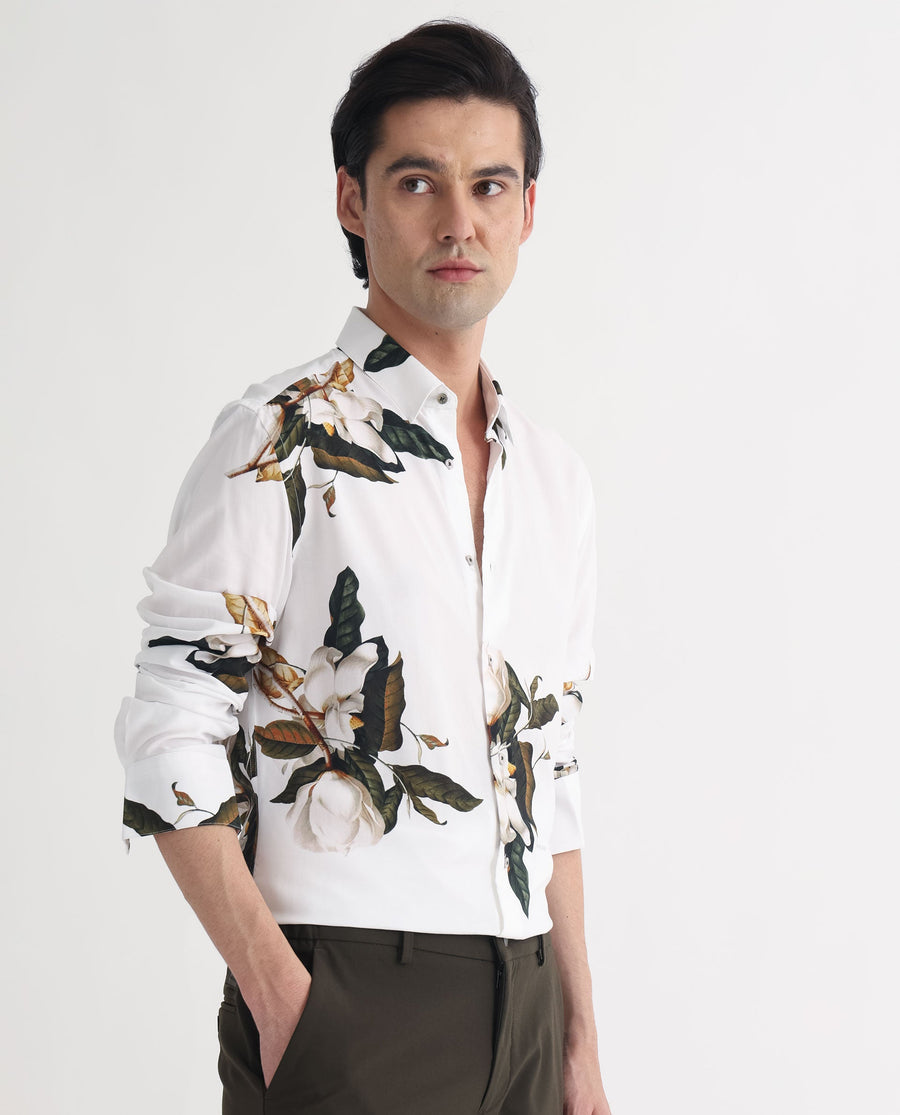 Rare Rabbit Men's Poseidon White Viscose Floral Print Regular Fit Full Sleeve Collared Shirt