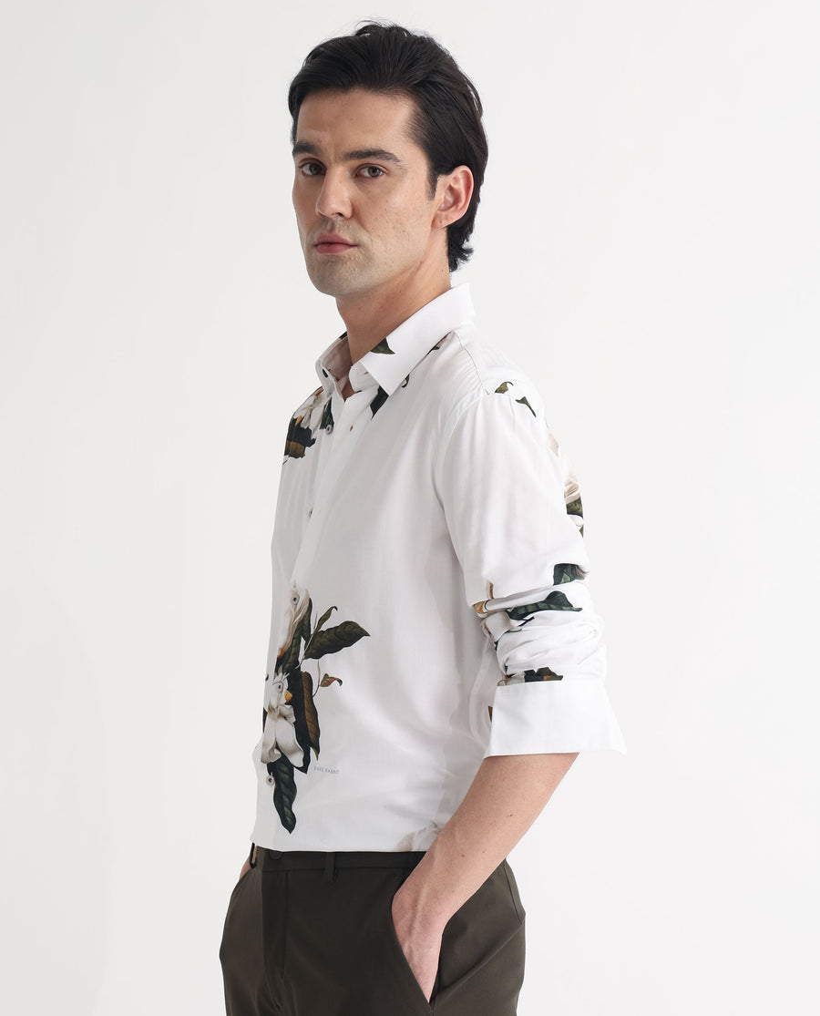 Rare Rabbit Men's Poseidon White Viscose Floral Print Regular Fit Full Sleeve Collared Shirt