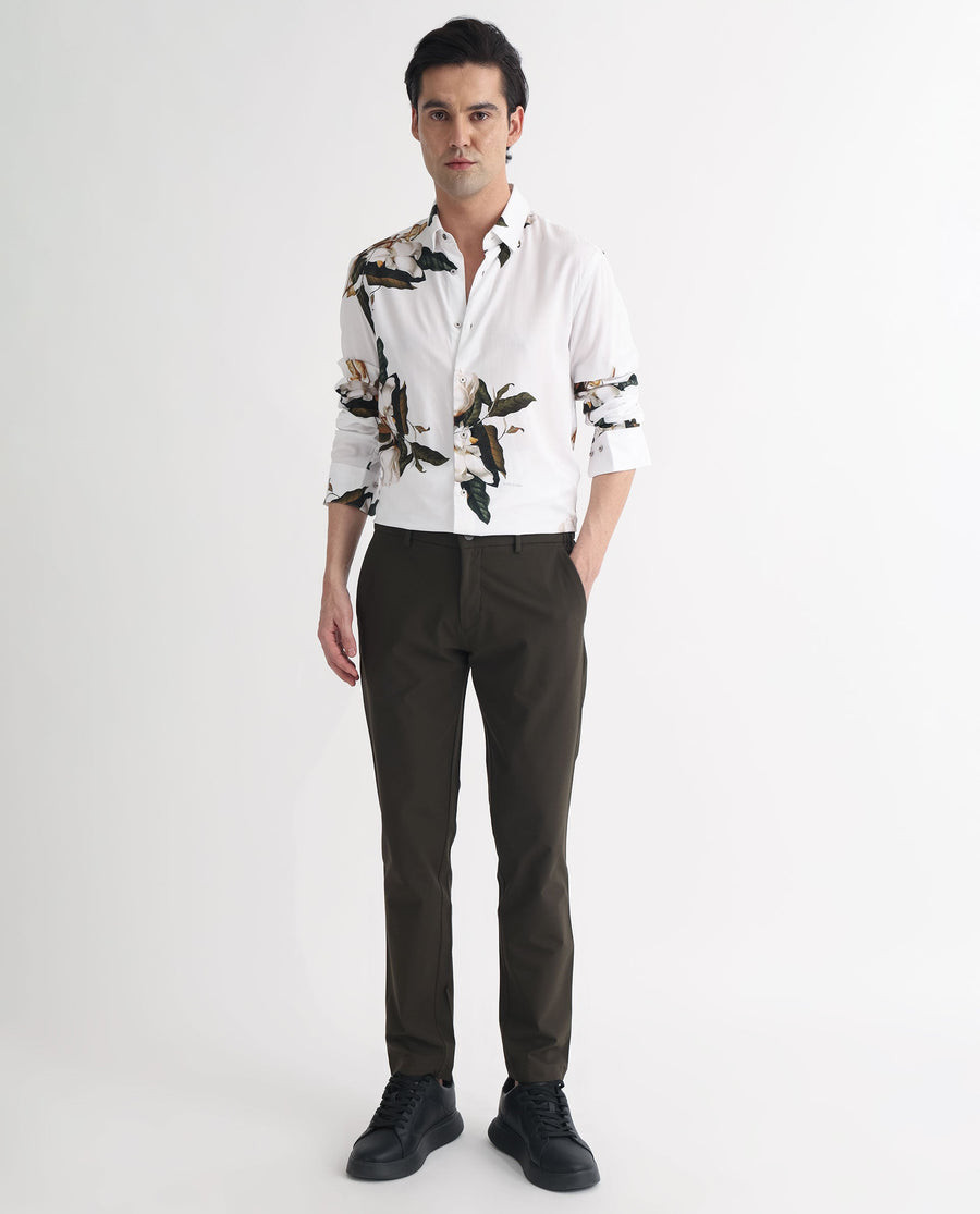 Rare Rabbit Men's Poseidon White Viscose Floral Print Regular Fit Full Sleeve Collared Shirt