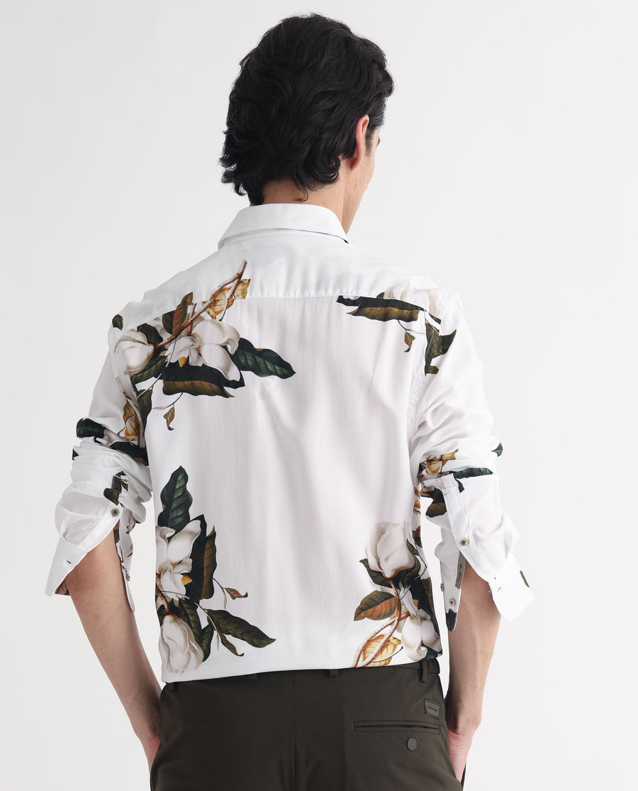 Rare Rabbit Men's Poseidon White Viscose Floral Print Regular Fit Full Sleeve Collared Shirt