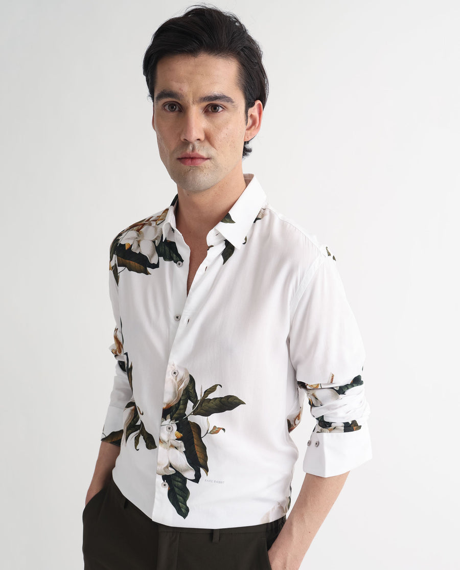 Rare Rabbit Men's Poseidon White Viscose Floral Print Regular Fit Full Sleeve Collared Shirt