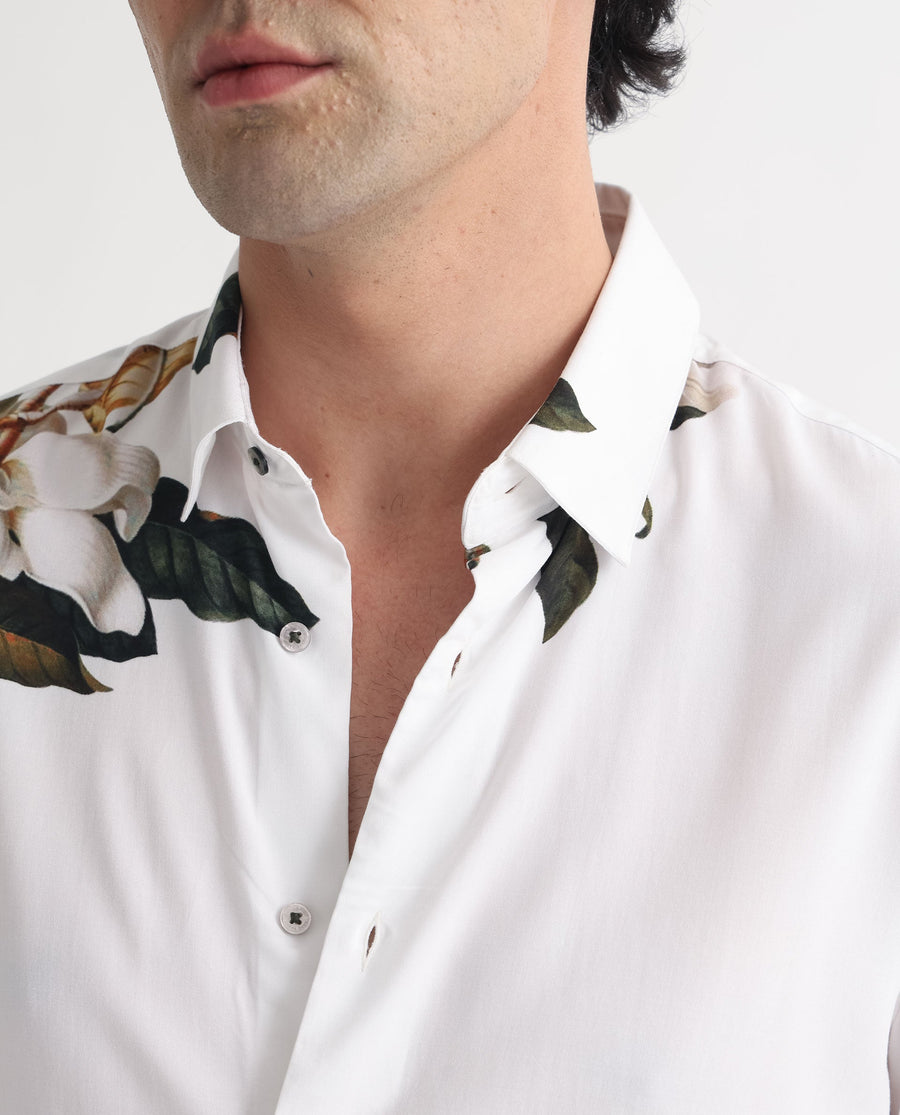 Rare Rabbit Men's Poseidon White Viscose Floral Print Regular Fit Full Sleeve Collared Shirt