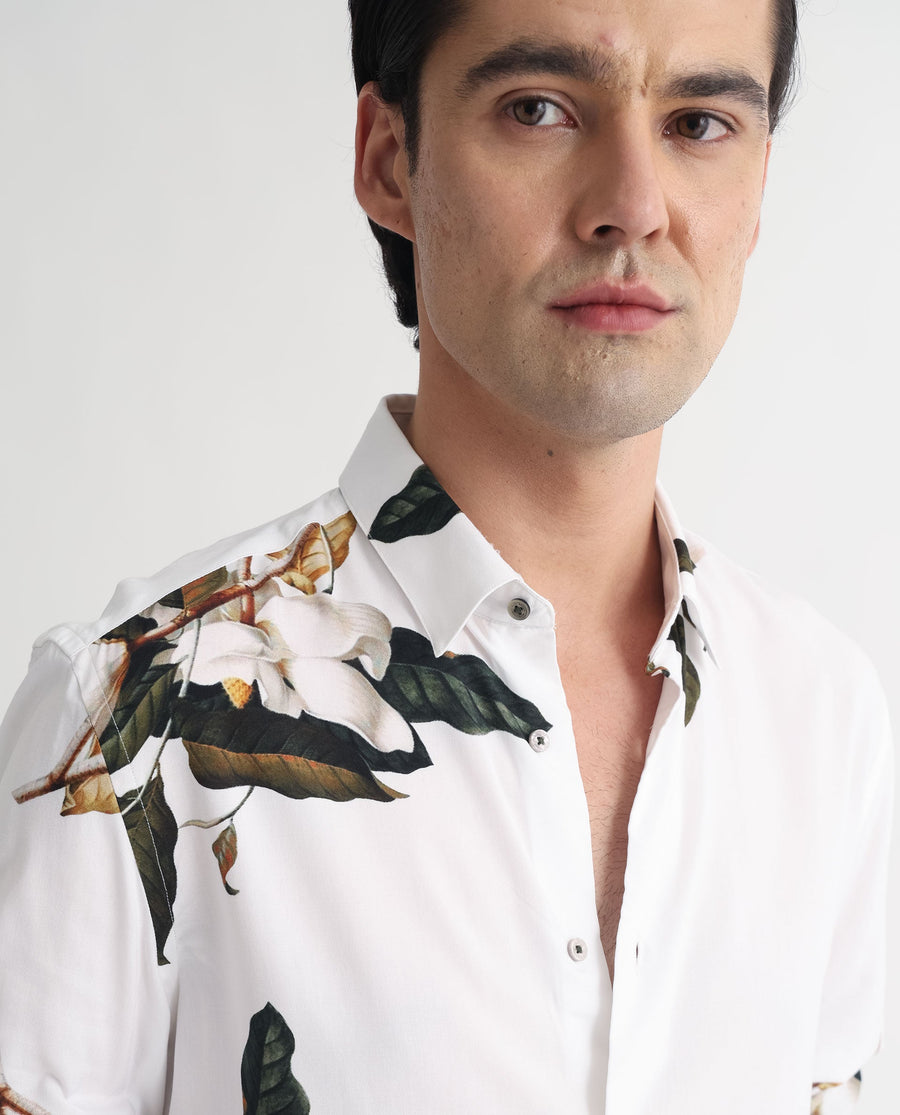 Rare Rabbit Men's Poseidon White Viscose Floral Print Regular Fit Full Sleeve Collared Shirt
