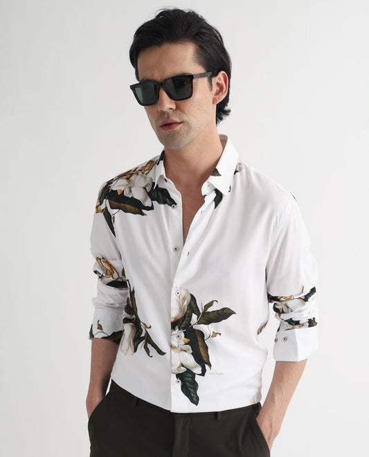 Rare Rabbit Men's Poseidon White Viscose Floral Print Regular Fit Full Sleeve Collared Shirt