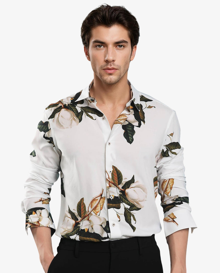 Rare Rabbit Men's Poseidon White Viscose Floral Print Regular Fit Full Sleeve Collared Shirt