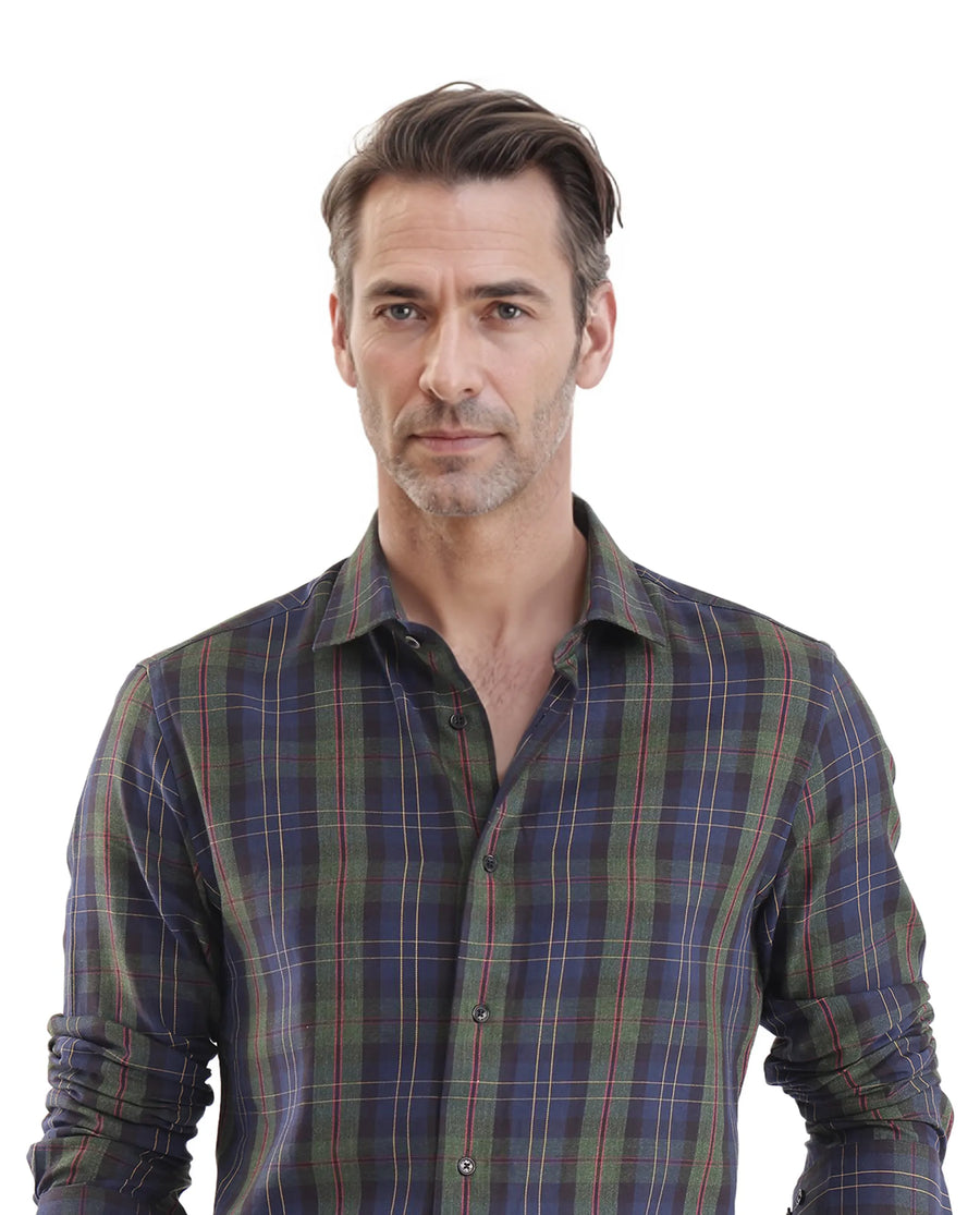 Rare Rabbit Men's Pospe Dark Green Cotton Checked Print Regular Fit Full Sleeve Collared Shirt