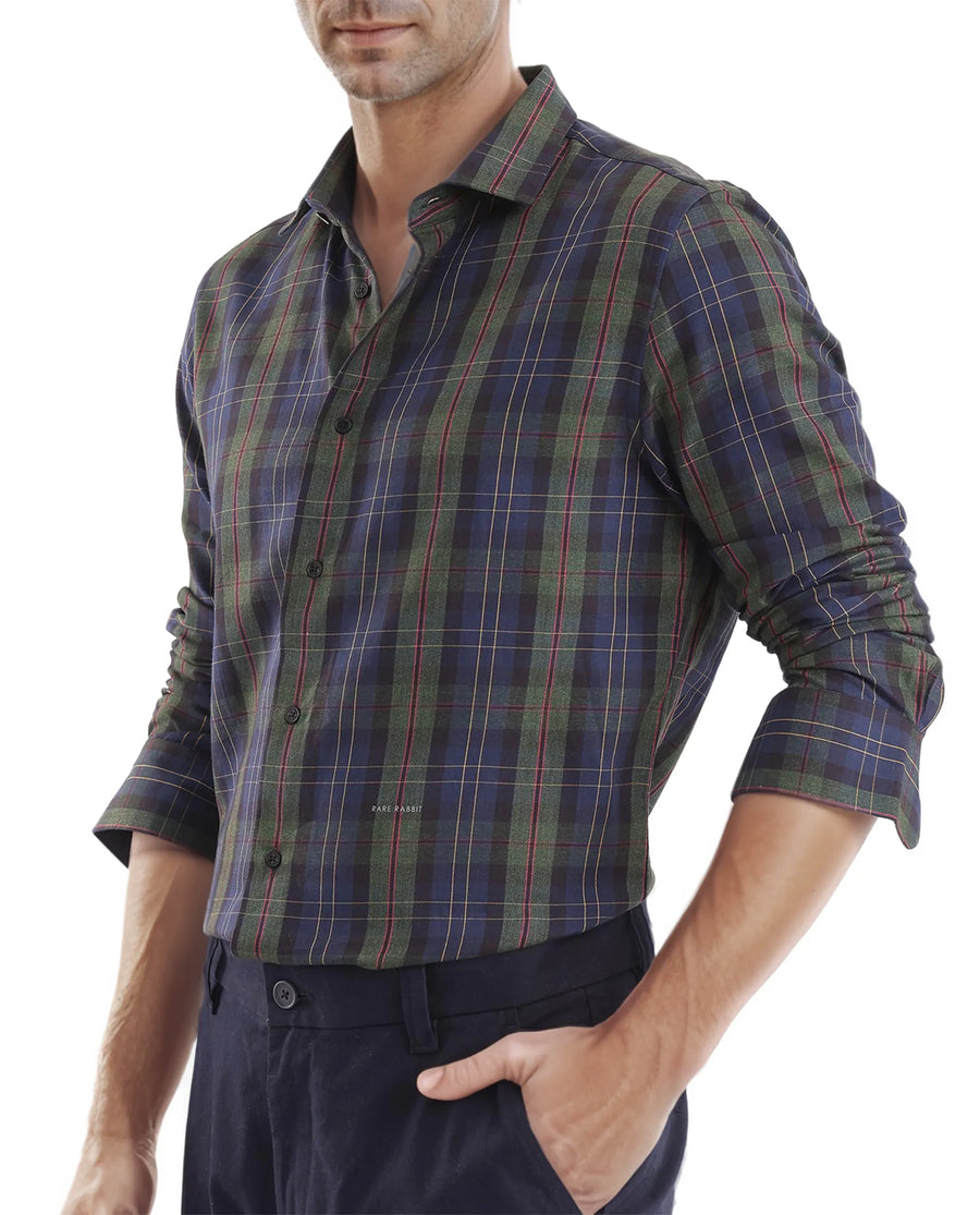Rare Rabbit Men's Pospe Dark Green Cotton Checked Print Regular Fit Full Sleeve Collared Shirt