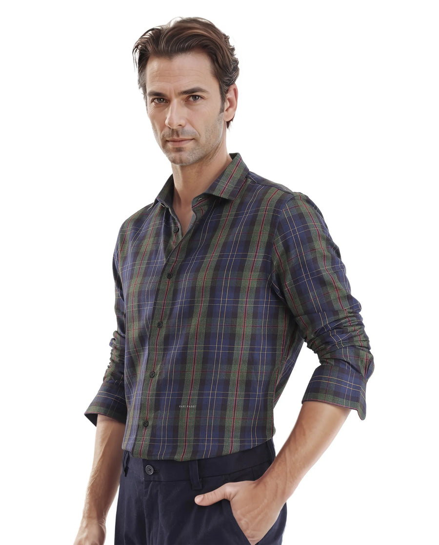 Rare Rabbit Men's Pospe Dark Green Cotton Checked Print Regular Fit Full Sleeve Collared Shirt