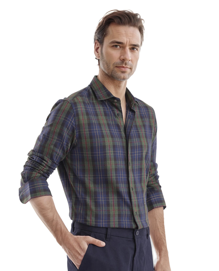 Rare Rabbit Men's Pospe Dark Green Cotton Checked Print Regular Fit Full Sleeve Collared Shirt