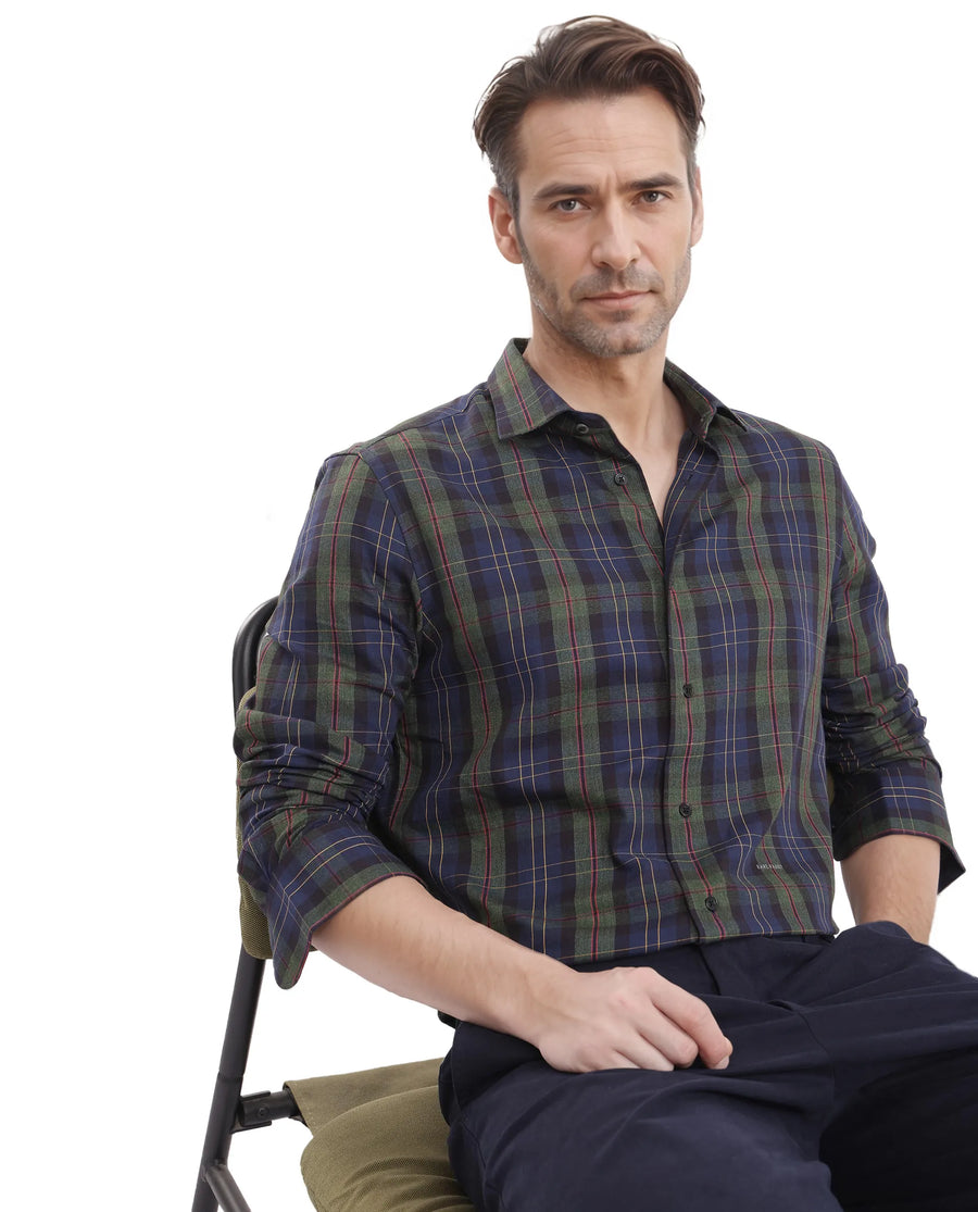 Rare Rabbit Men's Pospe Dark Green Cotton Checked Print Regular Fit Full Sleeve Collared Shirt