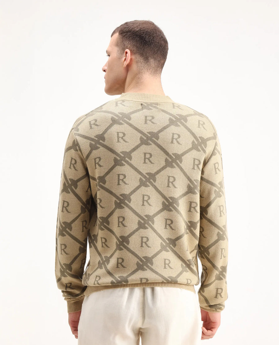 Rare Rabbit Men's Post Beige Acrylic Monogram Print Regular Fit Full Sleeve Crew Neck Sweater