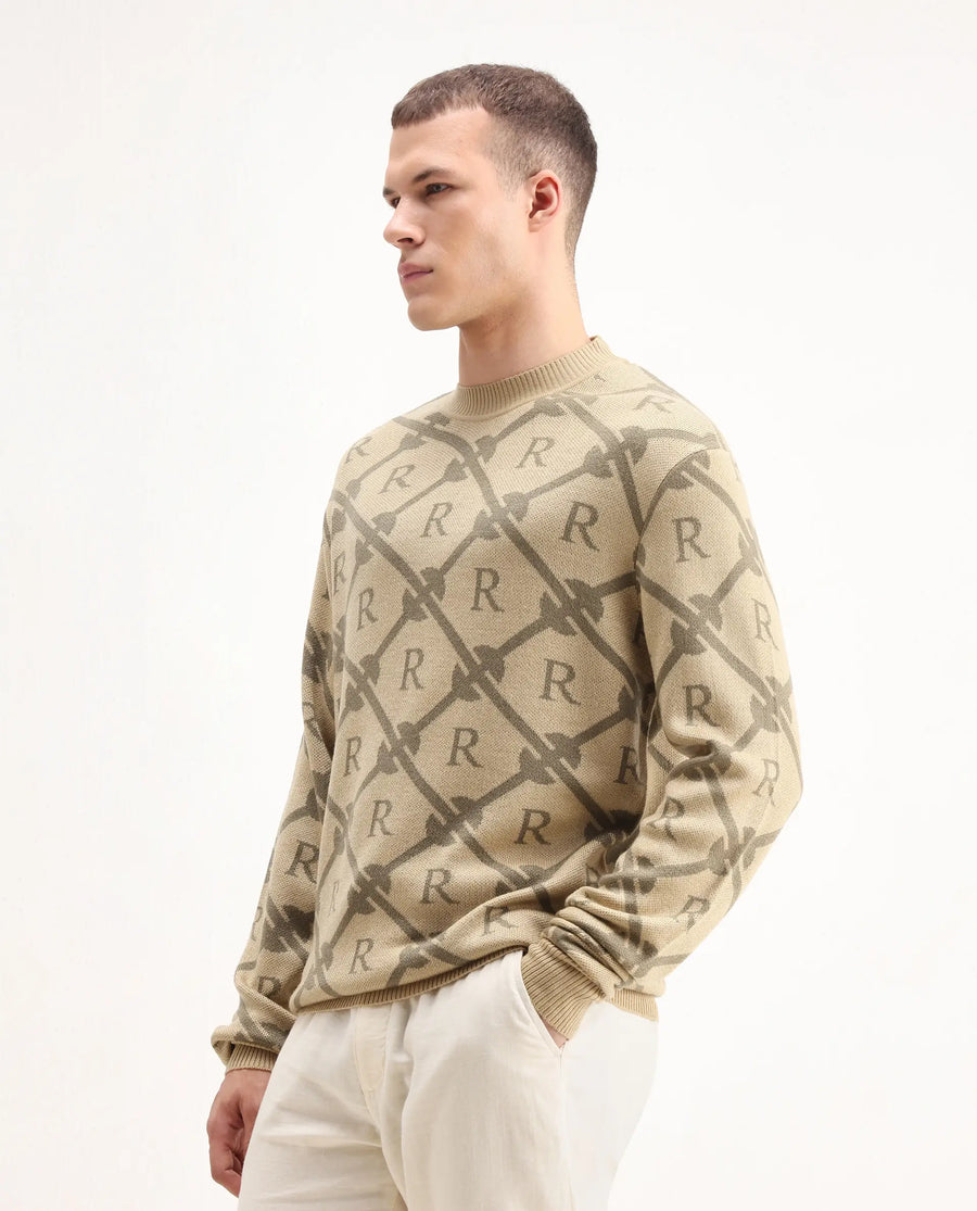 Rare Rabbit Men's Post Beige Acrylic Monogram Print Regular Fit Full Sleeve Crew Neck Sweater