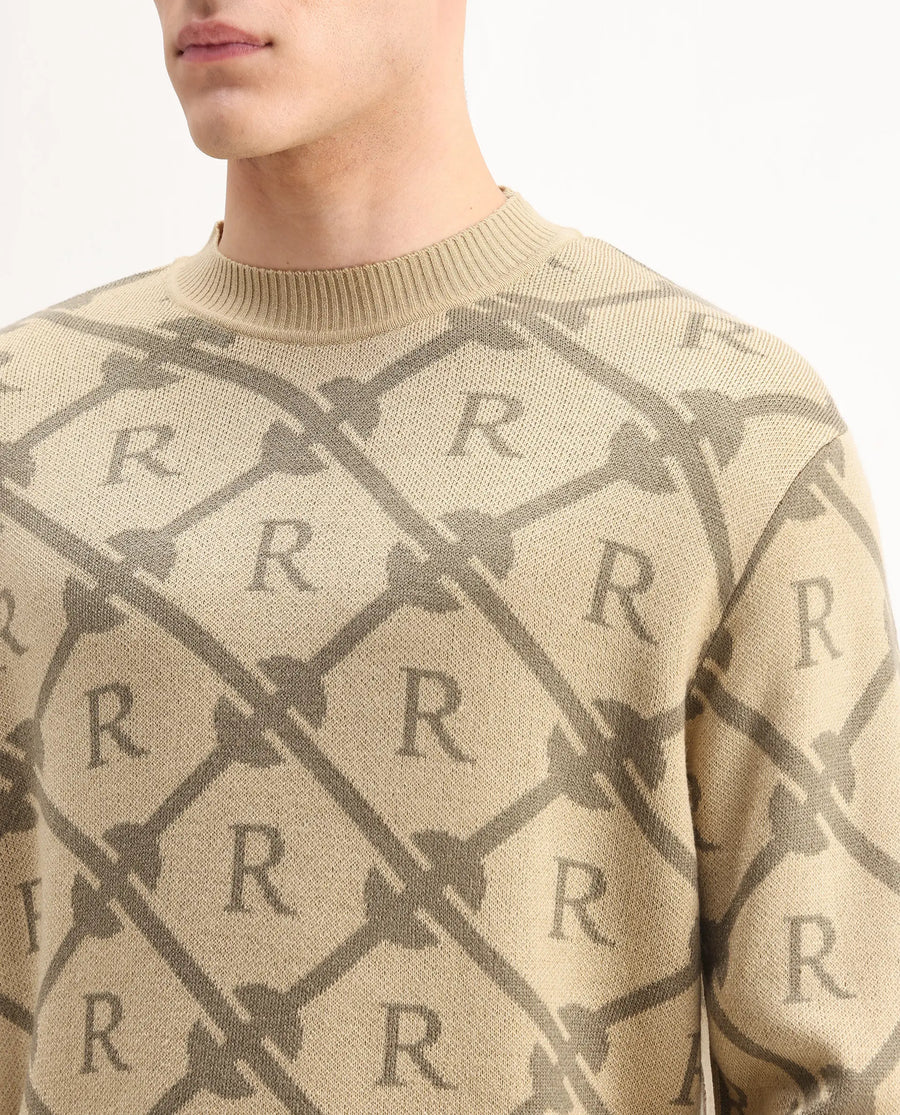 Rare Rabbit Men's Post Beige Acrylic Monogram Print Regular Fit Full Sleeve Crew Neck Sweater