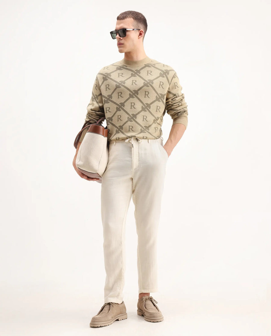 Rare Rabbit Men's Post Beige Acrylic Monogram Print Regular Fit Full Sleeve Crew Neck Sweater