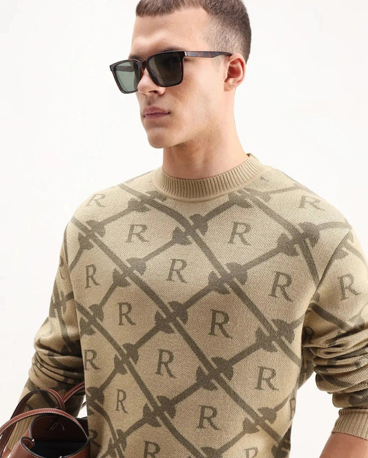 Rare Rabbit Men's Post Beige Acrylic Monogram Print Regular Fit Full Sleeve Crew Neck Sweater