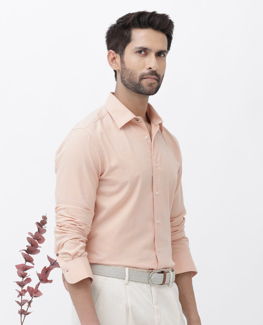 Rare Rabbit Men's Potex Peach Cotton Blend Checked Print Regular Fit Full Sleeve Collared Shirt