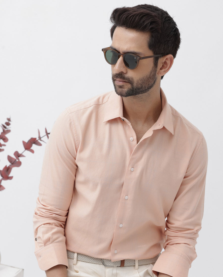 Rare Rabbit Men's Potex Peach Cotton Blend Checked Print Regular Fit Full Sleeve Collared Shirt