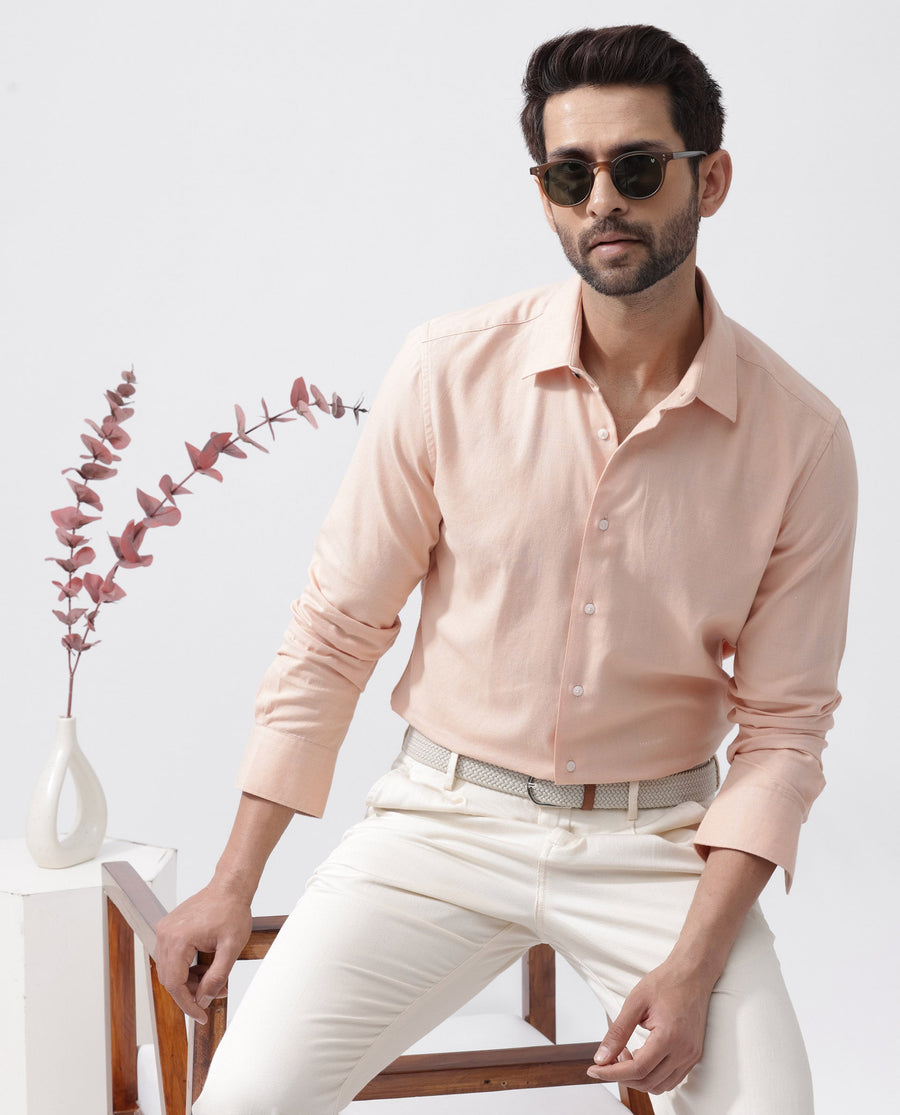 Rare Rabbit Men's Potex Peach Cotton Blend Checked Print Regular Fit Full Sleeve Collared Shirt