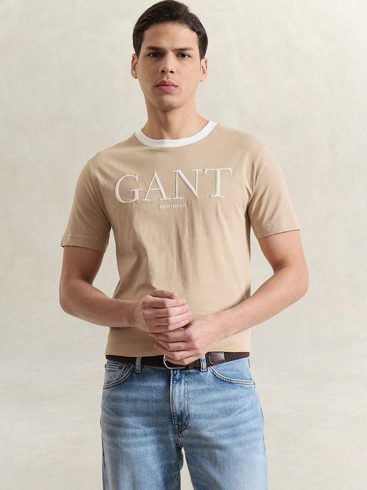 Gant Men Beige Solid Regular Fit Pure Cotton T-Shirt