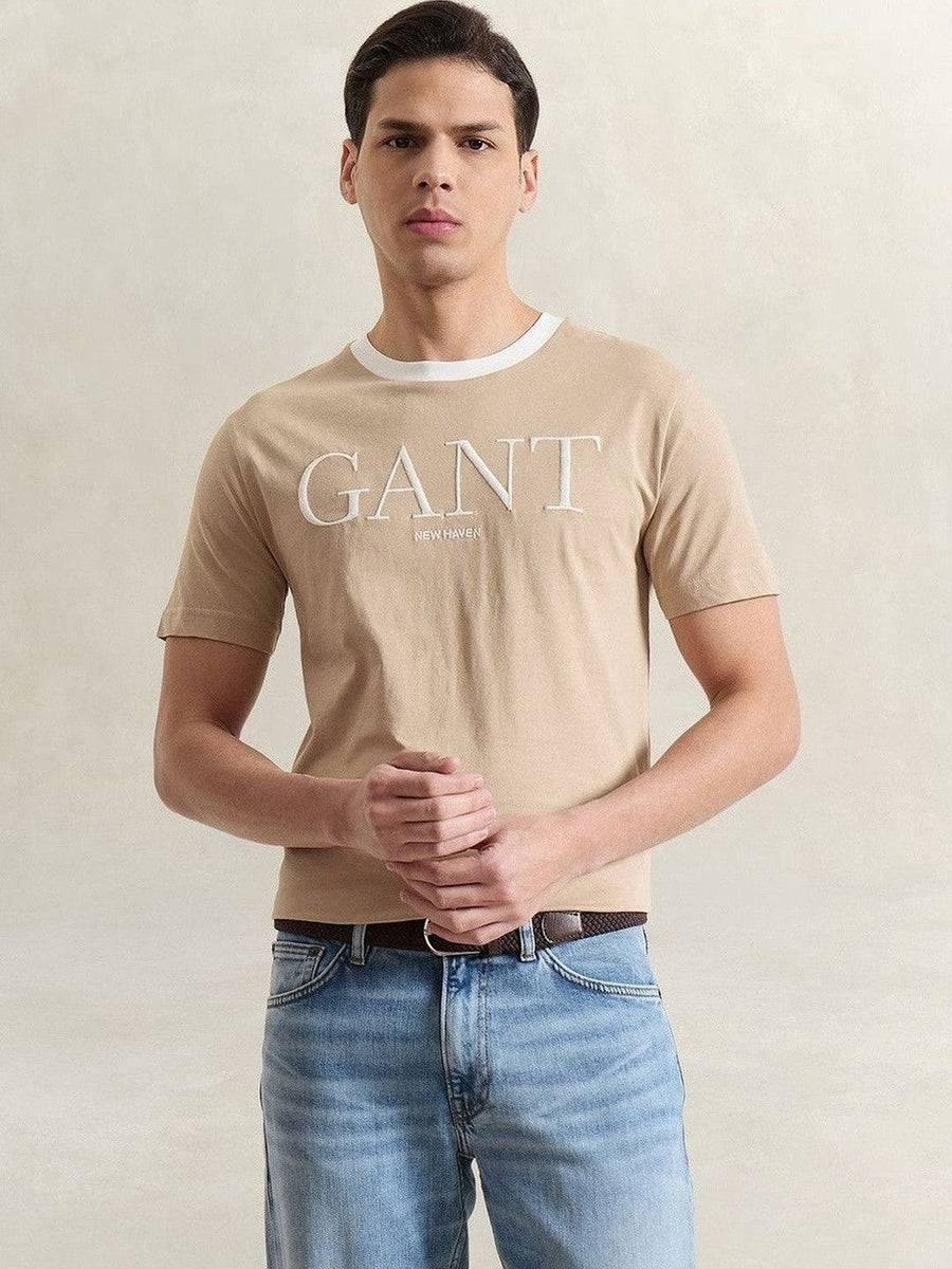 Gant Men Beige Solid Regular Fit Pure Cotton T-Shirt