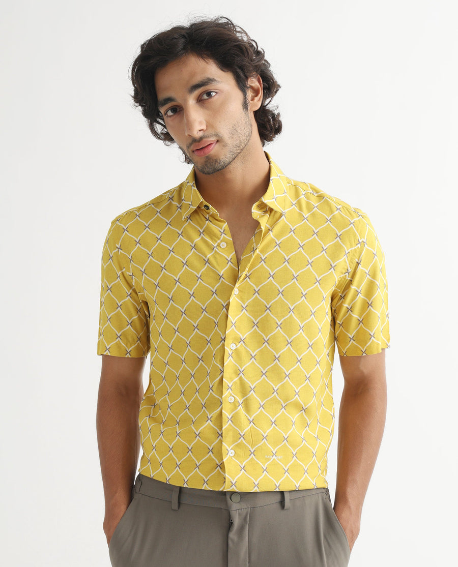 Rare Rabbit Men's Barga Mustard Viscose Geometric Print Regular Fit Half Sleeve Collared Shirt