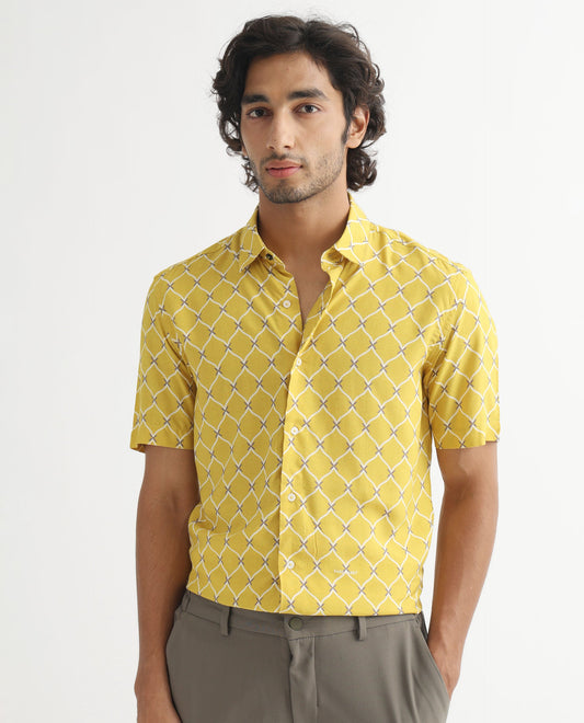 Rare Rabbit Men's Barga Mustard Viscose Geometric Print Regular Fit Half Sleeve Collared Shirt